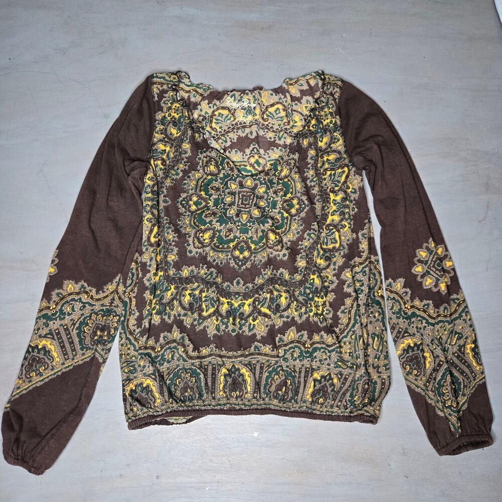 Lucky Brand Womens Deep V-neck Blouse Size M Y2K Floral Boho Western 70s Hippie